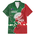 Custom Tonga And Australia Rugby Family Matching Puletasi and Hawaiian Shirt Mate Maa Tongan Ngatu Mix Kangaroos Aboriginal