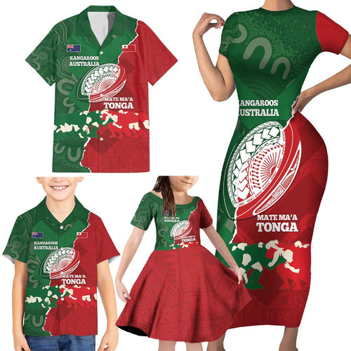 Custom Tonga And Australia Rugby Family Matching Short Sleeve Bodycon Dress and Hawaiian Shirt Mate Maa Tongan Ngatu Mix Kangaroos Aboriginal
