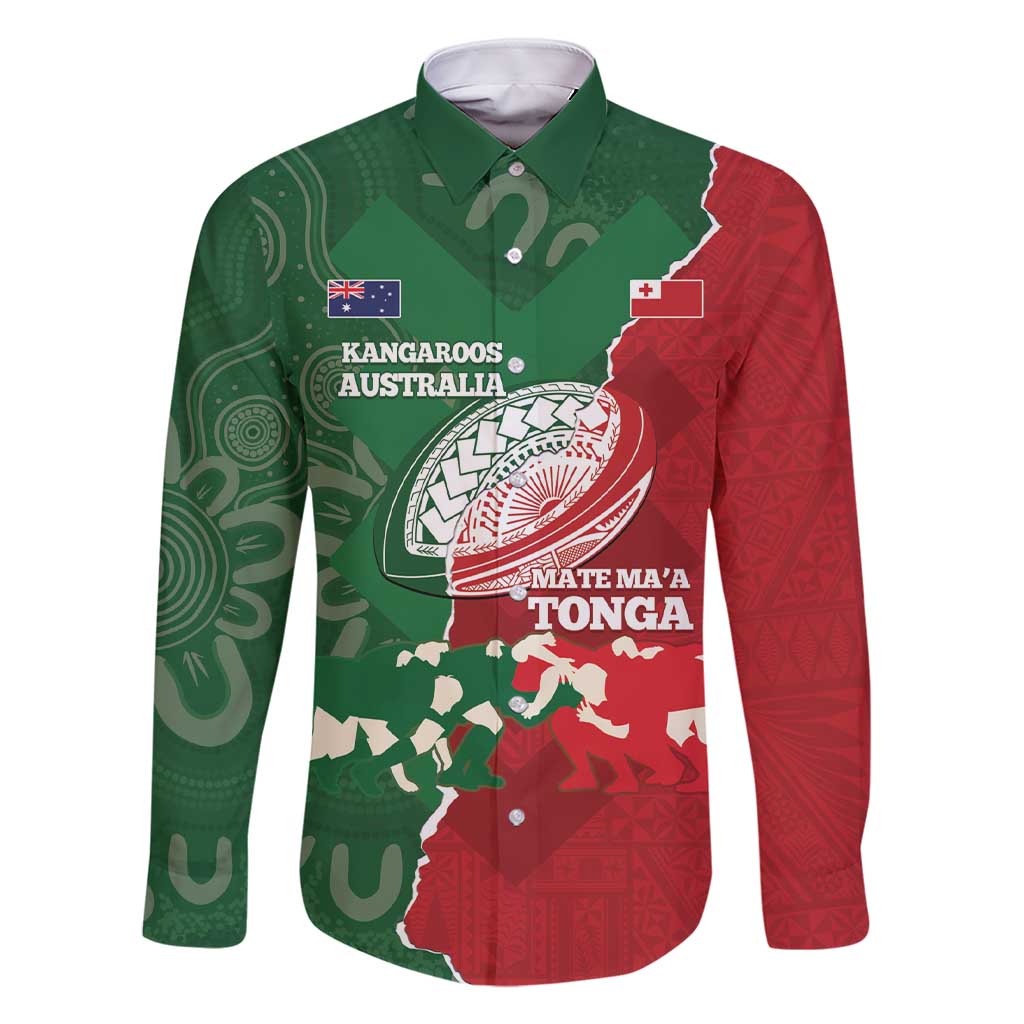 Custom Tonga And Australia Rugby Family Matching Short Sleeve Bodycon Dress and Hawaiian Shirt Mate Maa Tongan Ngatu Mix Kangaroos Aboriginal