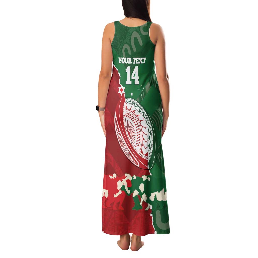 Custom Tonga And Australia Rugby Family Matching Tank Maxi Dress and Hawaiian Shirt Mate Maa Tongan Ngatu Mix Kangaroos Aboriginal