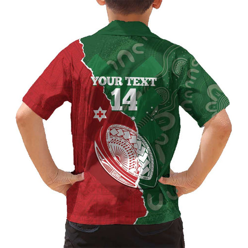 Custom Tonga And Australia Rugby Kid Hawaiian Shirt Mate Maa Tongan Ngatu Mix Kangaroos Aboriginal