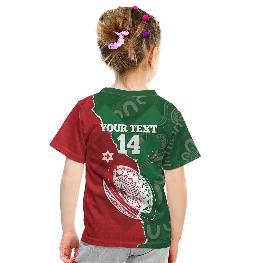Custom Tonga And Australia Rugby Kid T Shirt Mate Maa Tongan Ngatu Mix Kangaroos Aboriginal
