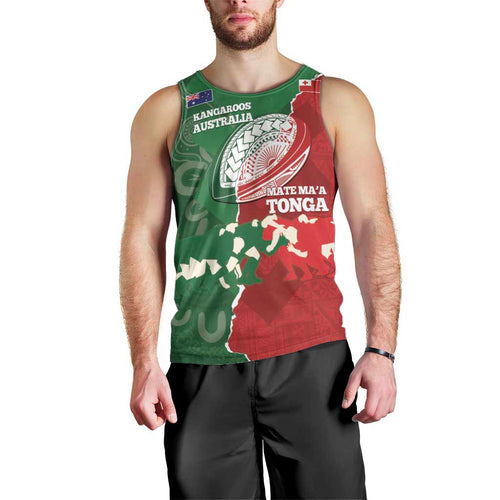 Custom Tonga And Australia Rugby Men Tank Top Mate Maa Tongan Ngatu Mix Kangaroos Aboriginal