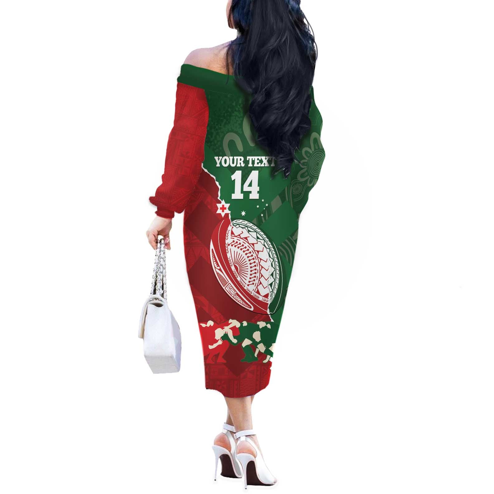 Custom Tonga And Australia Rugby Off The Shoulder Long Sleeve Dress Mate Maa Tongan Ngatu Mix Kangaroos Aboriginal