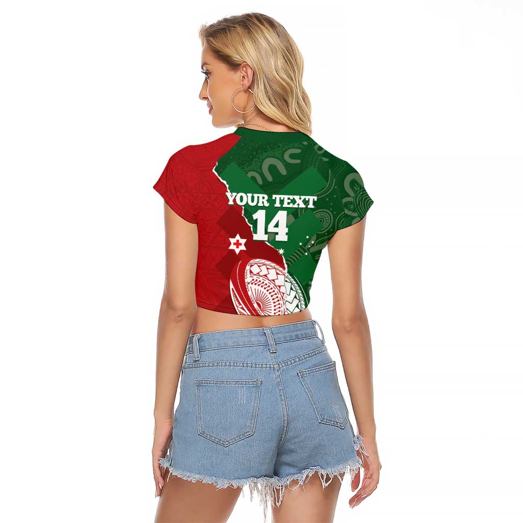 Custom Tonga And Australia Rugby Raglan Cropped T Shirt Mate Maa Tongan Ngatu Mix Kangaroos Aboriginal