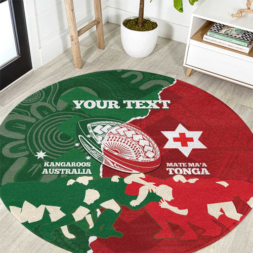 Custom Tonga And Australia Rugby Round Carpet Mate Maa Tongan Ngatu Mix Kangaroos Aboriginal