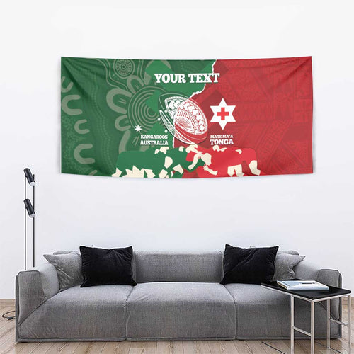 Custom Tonga And Australia Rugby Tapestry Mate Maa Tongan Ngatu Mix Kangaroos Aboriginal