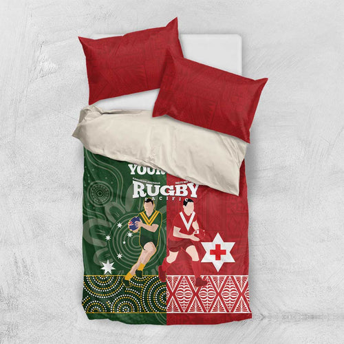 Custom Mate Maa Tonga And Kangaroo Australia Bedding Set Tongan Kupesi Mix Aboriginal Art