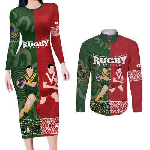 Custom Mate Maa Tonga And Kangaroo Australia Couples Matching Long Sleeve Bodycon Dress and Long Sleeve Button Shirt Tongan Kupesi Mix Aboriginal Art