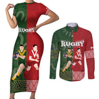Custom Mate Maa Tonga And Kangaroo Australia Couples Matching Short Sleeve Bodycon Dress and Long Sleeve Button Shirt Tongan Kupesi Mix Aboriginal Art