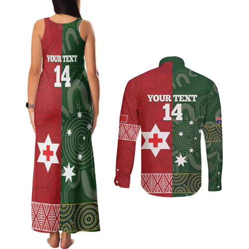 Custom Mate Maa Tonga And Kangaroo Australia Couples Matching Tank Maxi Dress and Long Sleeve Button Shirt Tongan Kupesi Mix Aboriginal Art