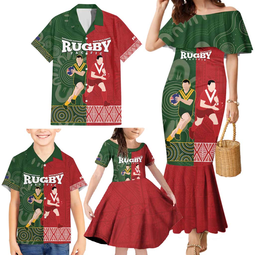Custom Mate Maa Tonga And Kangaroo Australia Family Matching Mermaid Dress and Hawaiian Shirt Tongan Kupesi Mix Aboriginal Art