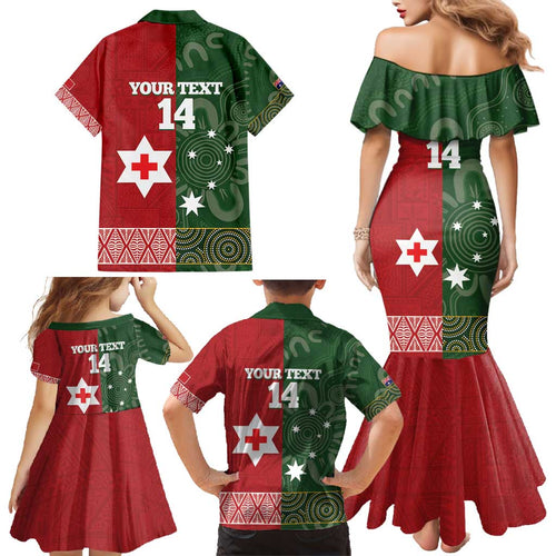 Custom Mate Maa Tonga And Kangaroo Australia Family Matching Mermaid Dress and Hawaiian Shirt Tongan Kupesi Mix Aboriginal Art