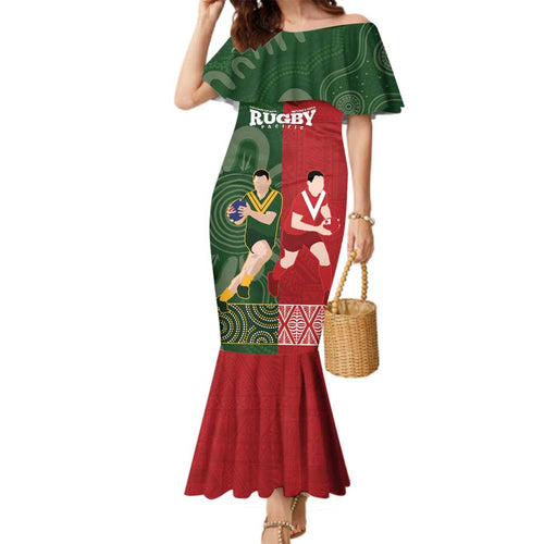 Custom Mate Maa Tonga And Kangaroo Australia Family Matching Mermaid Dress and Hawaiian Shirt Tongan Kupesi Mix Aboriginal Art