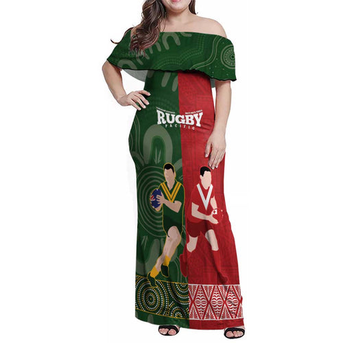 Custom Mate Maa Tonga And Kangaroo Australia Family Matching Off Shoulder Maxi Dress and Hawaiian Shirt Tongan Kupesi Mix Aboriginal Art
