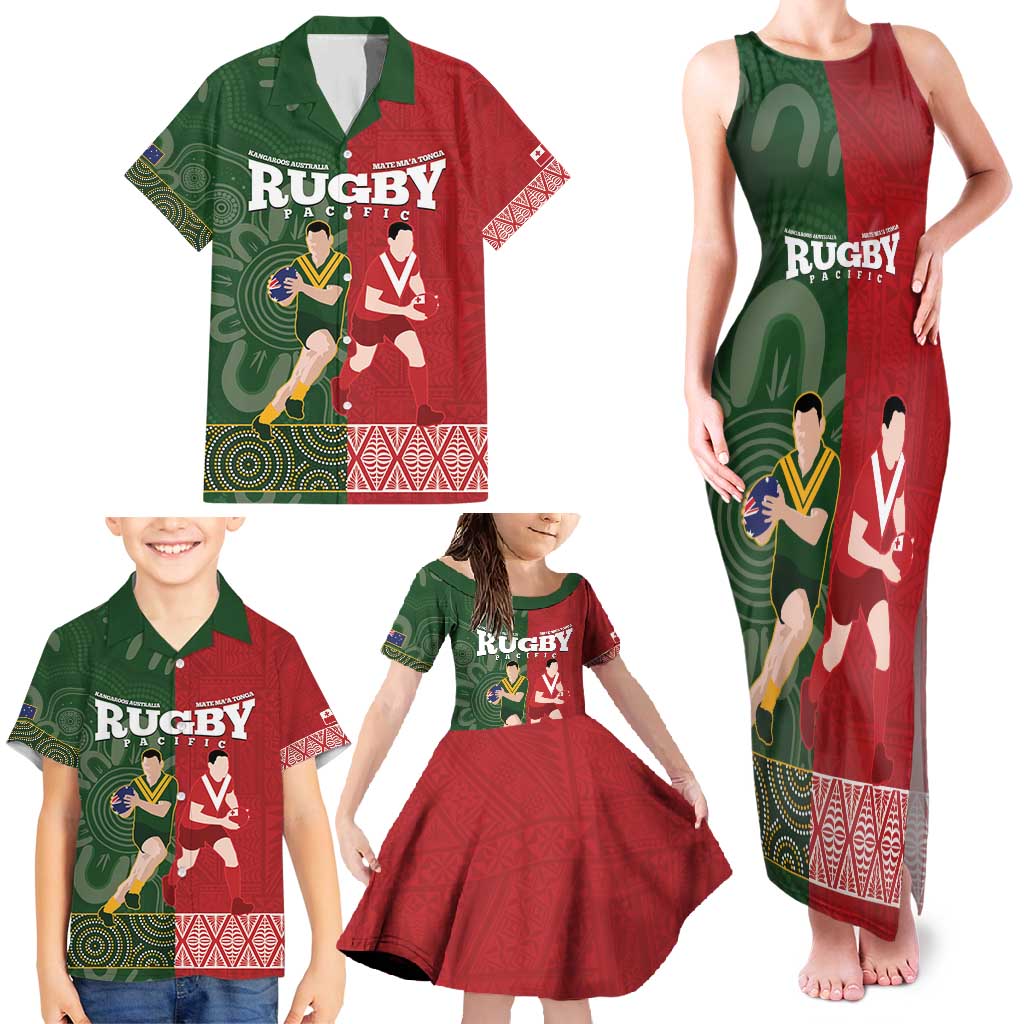 Custom Mate Maa Tonga And Kangaroo Australia Family Matching Tank Maxi Dress and Hawaiian Shirt Tongan Kupesi Mix Aboriginal Art