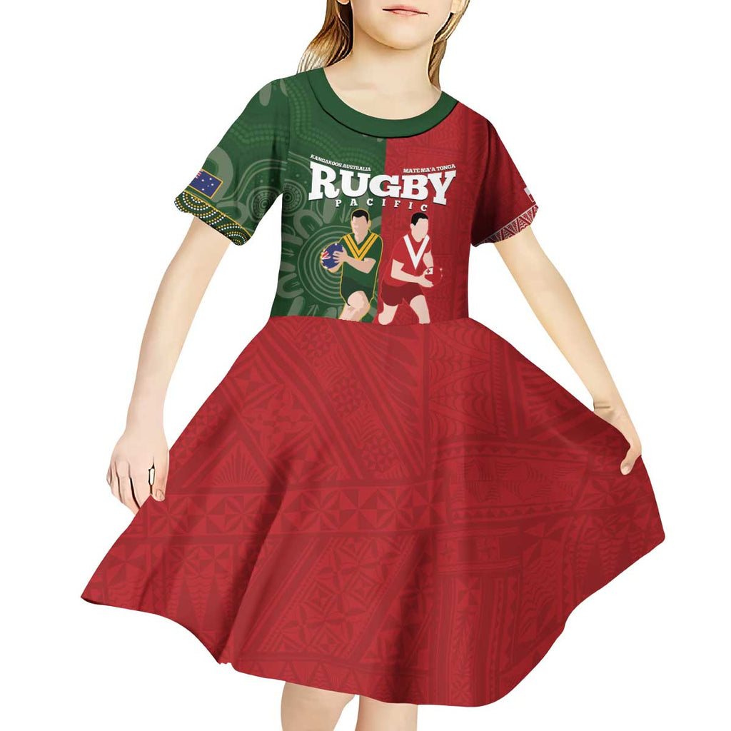 Custom Mate Maa Tonga And Kangaroo Australia Kid Short Sleeve Dress Tongan Kupesi Mix Aboriginal Art