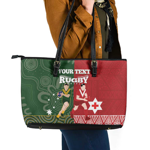 Custom Mate Maa Tonga And Kangaroo Australia Leather Tote Bag Tongan Kupesi Mix Aboriginal Art
