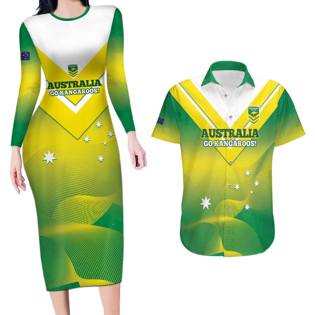 Custom Australia Rugby Couples Matching Long Sleeve Bodycon Dress and Hawaiian Shirt 2024 Kangaroos - Gradient Sporty Style