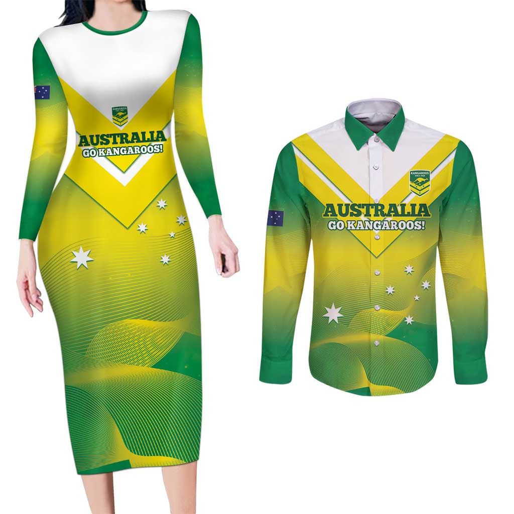 Custom Australia Rugby Couples Matching Long Sleeve Bodycon Dress and Long Sleeve Button Shirt 2024 Kangaroos - Gradient Sporty Style