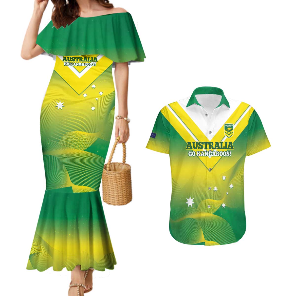 Custom Australia Rugby Couples Matching Mermaid Dress and Hawaiian Shirt 2024 Kangaroos - Gradient Sporty Style