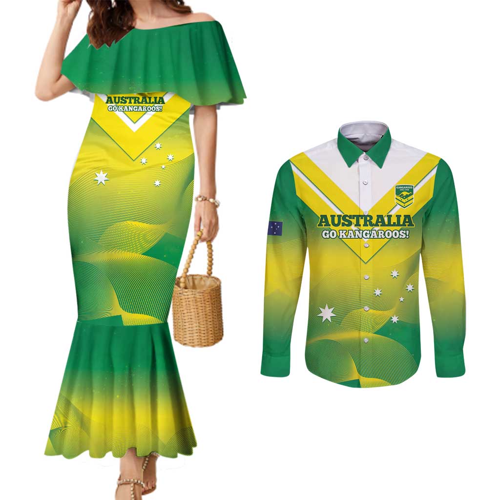 Custom Australia Rugby Couples Matching Mermaid Dress and Long Sleeve Button Shirt 2024 Kangaroos - Gradient Sporty Style