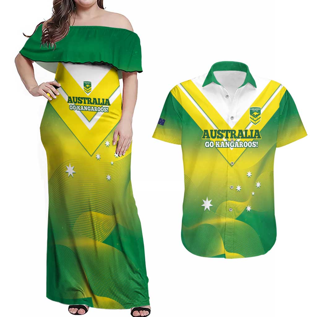 Custom Australia Rugby Couples Matching Off Shoulder Maxi Dress and Hawaiian Shirt 2024 Kangaroos - Gradient Sporty Style