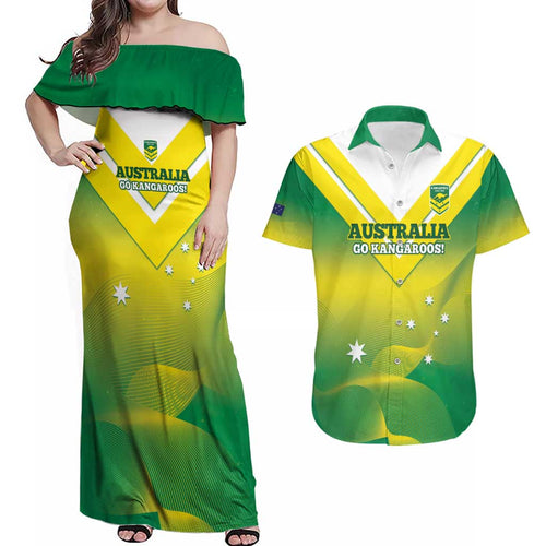 Custom Australia Rugby Couples Matching Off Shoulder Maxi Dress and Hawaiian Shirt 2024 Kangaroos - Gradient Sporty Style