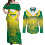 Custom Australia Rugby Couples Matching Off Shoulder Maxi Dress and Long Sleeve Button Shirt 2024 Kangaroos - Gradient Sporty Style