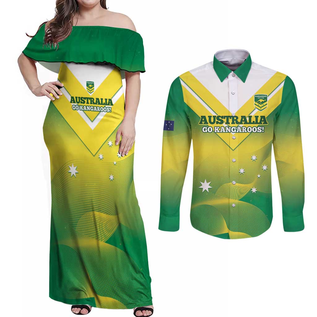 Custom Australia Rugby Couples Matching Off Shoulder Maxi Dress and Long Sleeve Button Shirt 2024 Kangaroos - Gradient Sporty Style