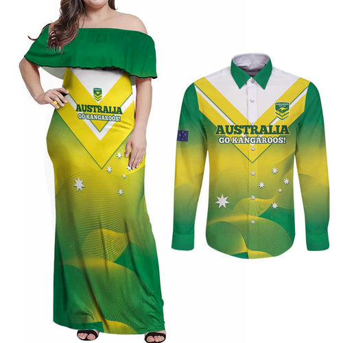 Custom Australia Rugby Couples Matching Off Shoulder Maxi Dress and Long Sleeve Button Shirt 2024 Kangaroos - Gradient Sporty Style