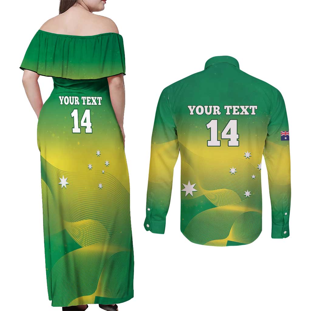 Custom Australia Rugby Couples Matching Off Shoulder Maxi Dress and Long Sleeve Button Shirt 2024 Kangaroos - Gradient Sporty Style