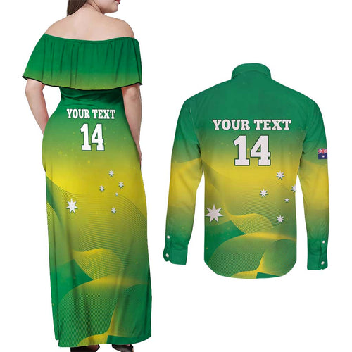 Custom Australia Rugby Couples Matching Off Shoulder Maxi Dress and Long Sleeve Button Shirt 2024 Kangaroos - Gradient Sporty Style