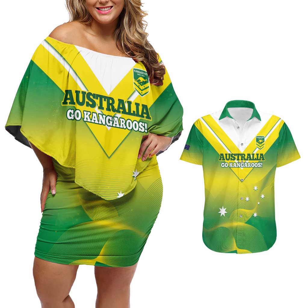 Custom Australia Rugby Couples Matching Off Shoulder Short Dress and Hawaiian Shirt 2024 Kangaroos - Gradient Sporty Style