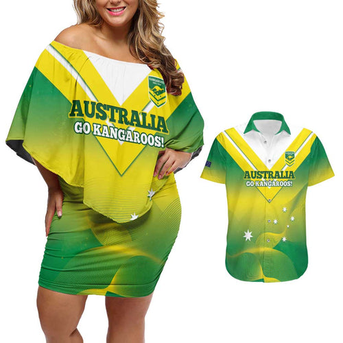 Custom Australia Rugby Couples Matching Off Shoulder Short Dress and Hawaiian Shirt 2024 Kangaroos - Gradient Sporty Style