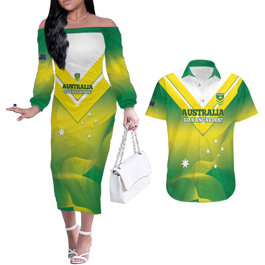Custom Australia Rugby Couples Matching Off The Shoulder Long Sleeve Dress and Hawaiian Shirt 2024 Kangaroos - Gradient Sporty Style