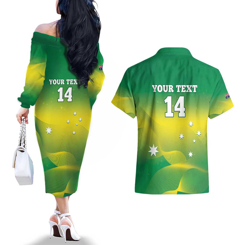 Custom Australia Rugby Couples Matching Off The Shoulder Long Sleeve Dress and Hawaiian Shirt 2024 Kangaroos - Gradient Sporty Style