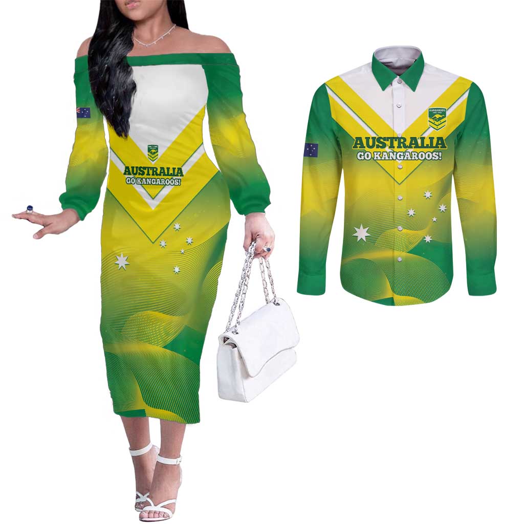 Custom Australia Rugby Couples Matching Off The Shoulder Long Sleeve Dress and Long Sleeve Button Shirt 2024 Kangaroos - Gradient Sporty Style