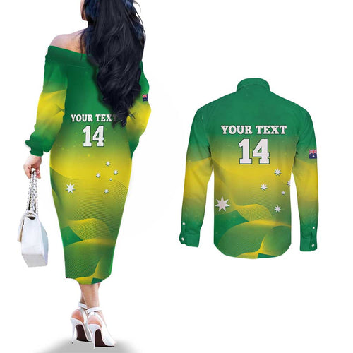 Custom Australia Rugby Couples Matching Off The Shoulder Long Sleeve Dress and Long Sleeve Button Shirt 2024 Kangaroos - Gradient Sporty Style