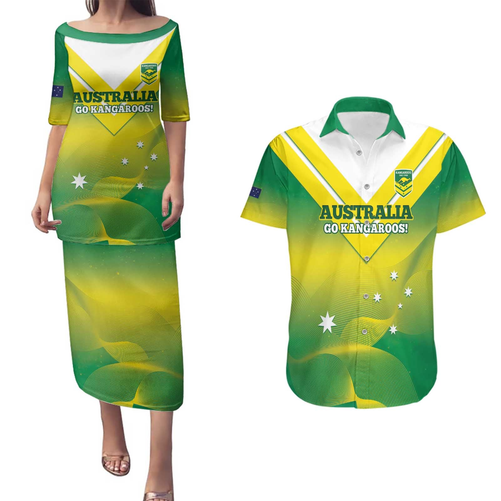 Custom Australia Rugby Couples Matching Puletasi and Hawaiian Shirt 2024 Kangaroos - Gradient Sporty Style