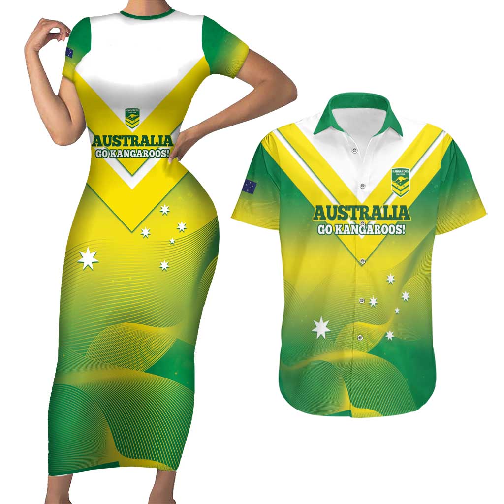 Custom Australia Rugby Couples Matching Short Sleeve Bodycon Dress and Hawaiian Shirt 2024 Kangaroos - Gradient Sporty Style