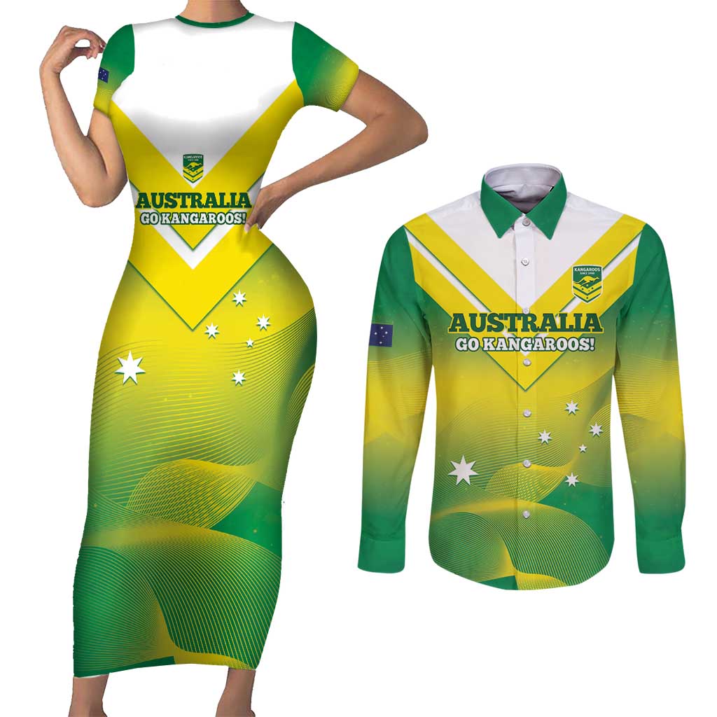 Custom Australia Rugby Couples Matching Short Sleeve Bodycon Dress and Long Sleeve Button Shirt 2024 Kangaroos - Gradient Sporty Style