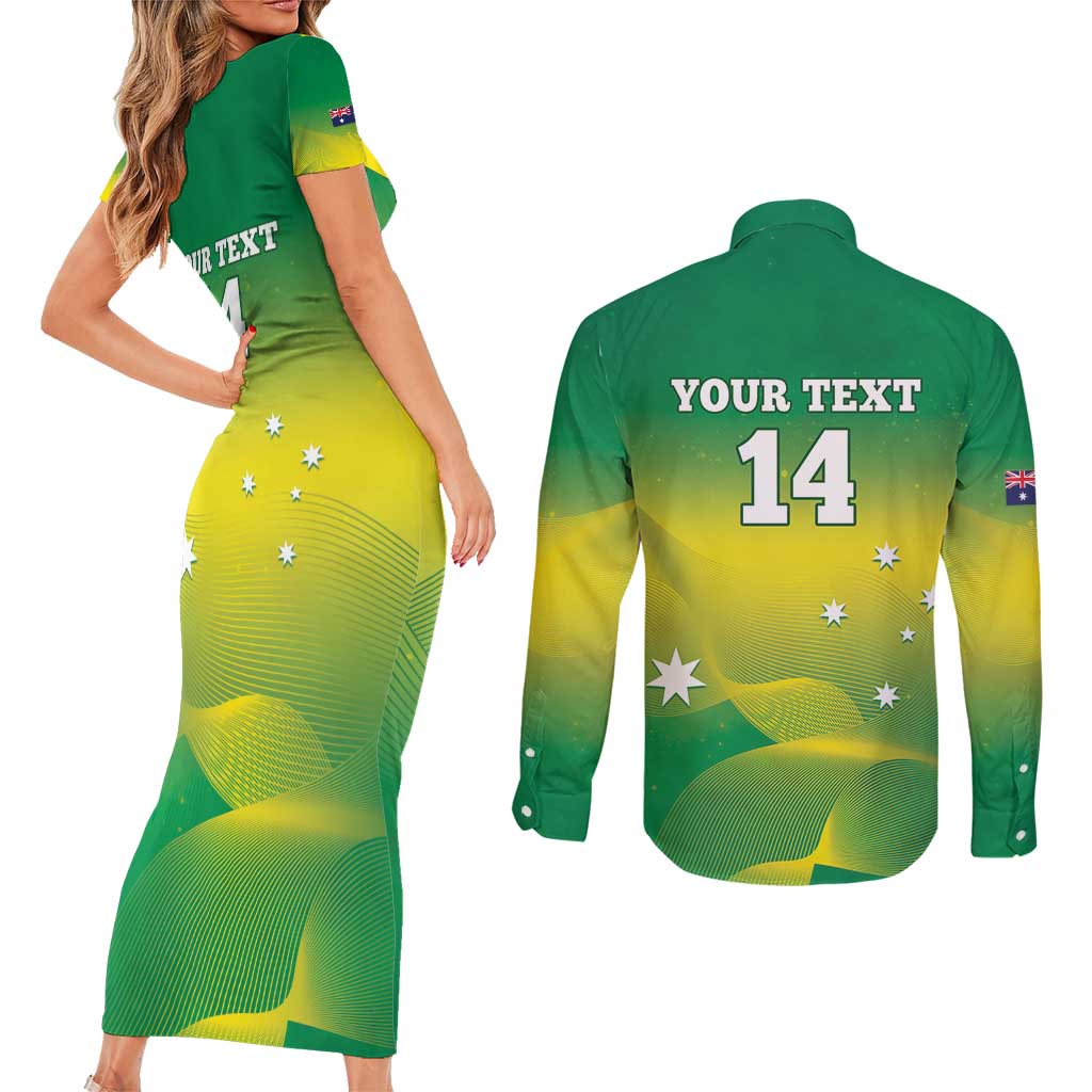 Custom Australia Rugby Couples Matching Short Sleeve Bodycon Dress and Long Sleeve Button Shirt 2024 Kangaroos - Gradient Sporty Style