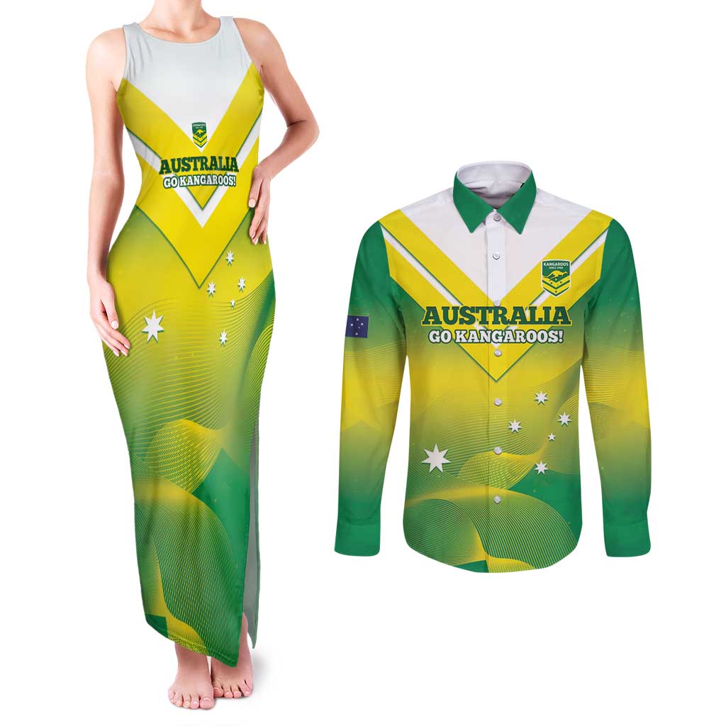 Custom Australia Rugby Couples Matching Tank Maxi Dress and Long Sleeve Button Shirt 2024 Kangaroos - Gradient Sporty Style