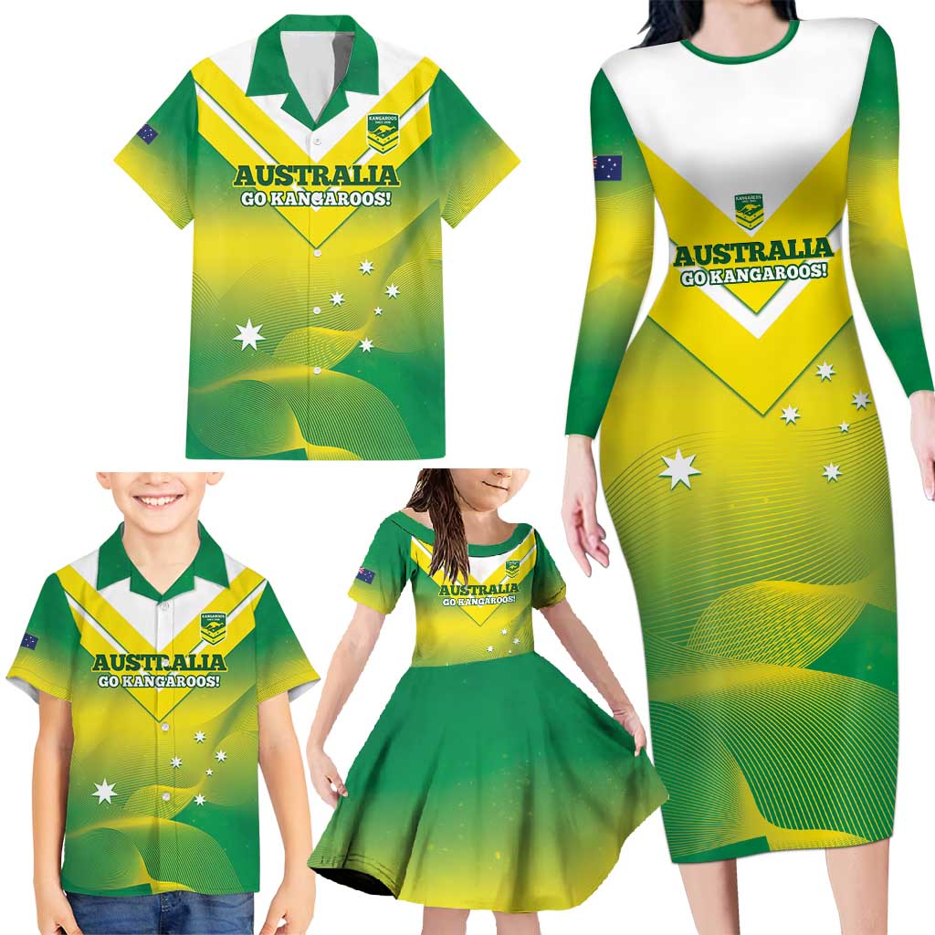 Custom Australia Rugby Family Matching Long Sleeve Bodycon Dress and Hawaiian Shirt 2024 Kangaroos - Gradient Sporty Style