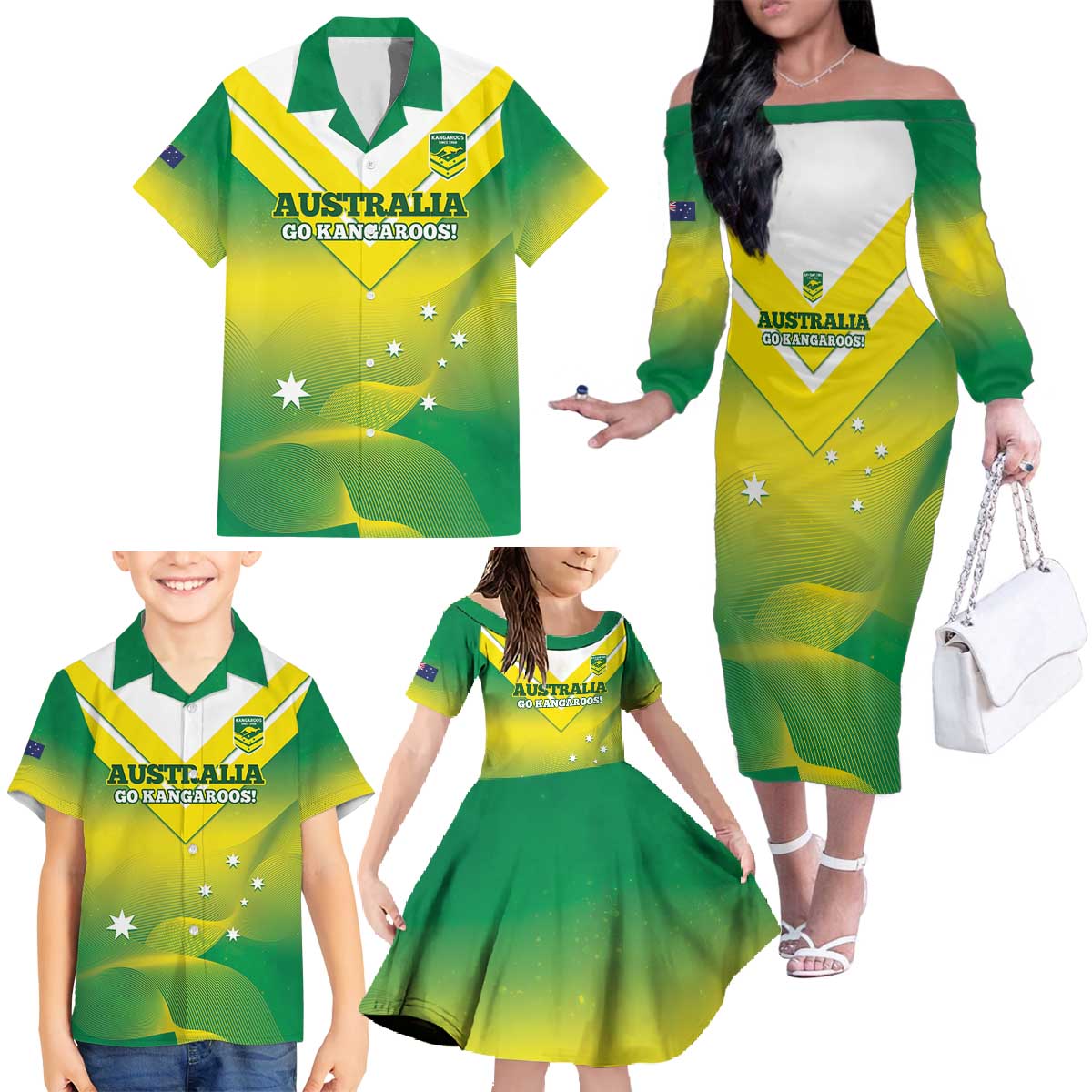 Custom Australia Rugby Family Matching Off The Shoulder Long Sleeve Dress and Hawaiian Shirt 2024 Kangaroos - Gradient Sporty Style