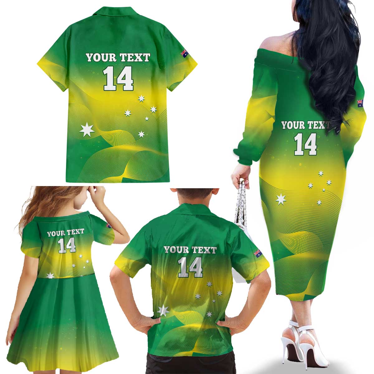 Custom Australia Rugby Family Matching Off The Shoulder Long Sleeve Dress and Hawaiian Shirt 2024 Kangaroos - Gradient Sporty Style