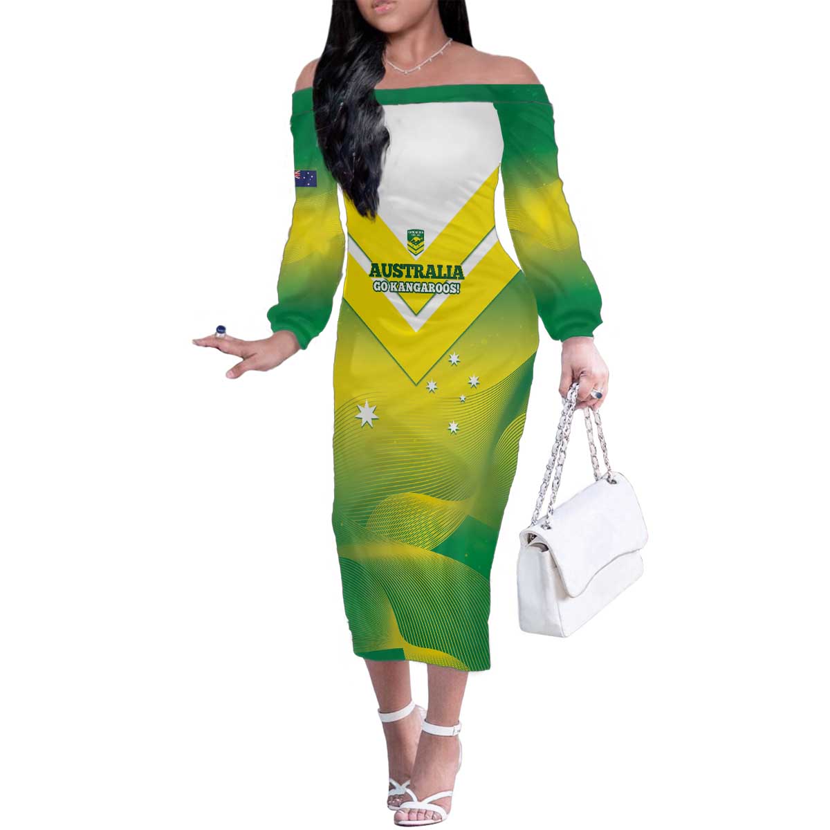 Custom Australia Rugby Family Matching Off The Shoulder Long Sleeve Dress and Hawaiian Shirt 2024 Kangaroos - Gradient Sporty Style