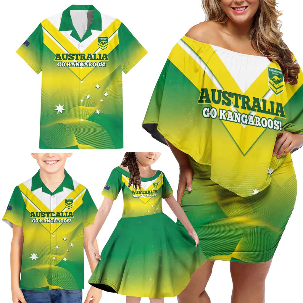 Custom Australia Rugby Family Matching Off Shoulder Short Dress and Hawaiian Shirt 2024 Kangaroos - Gradient Sporty Style