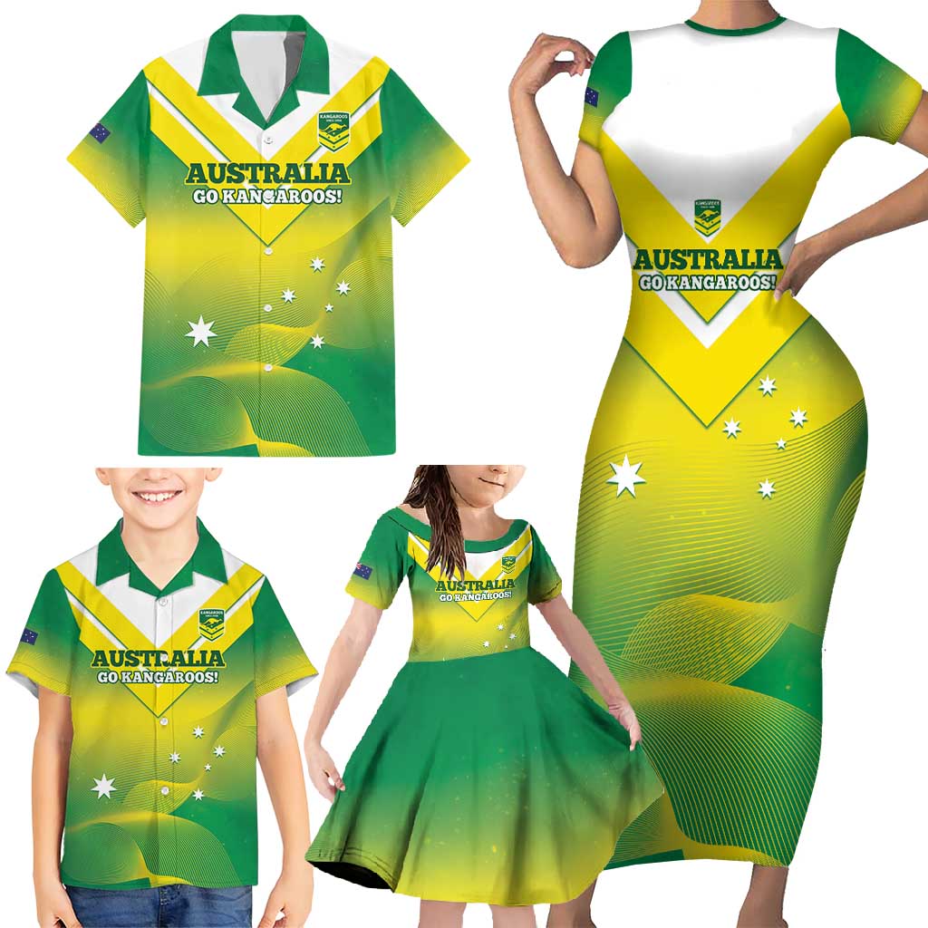 Custom Australia Rugby Family Matching Short Sleeve Bodycon Dress and Hawaiian Shirt 2024 Kangaroos - Gradient Sporty Style